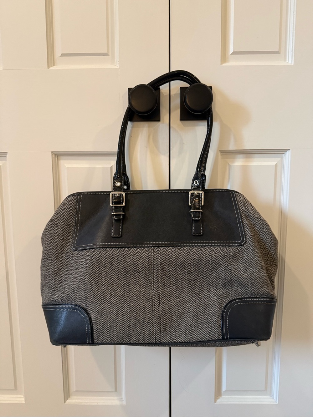 Coach Gray Herringbone Tote with Black Trim